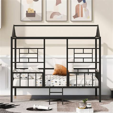 Twin size Metal House Bed Frame with Slatted 